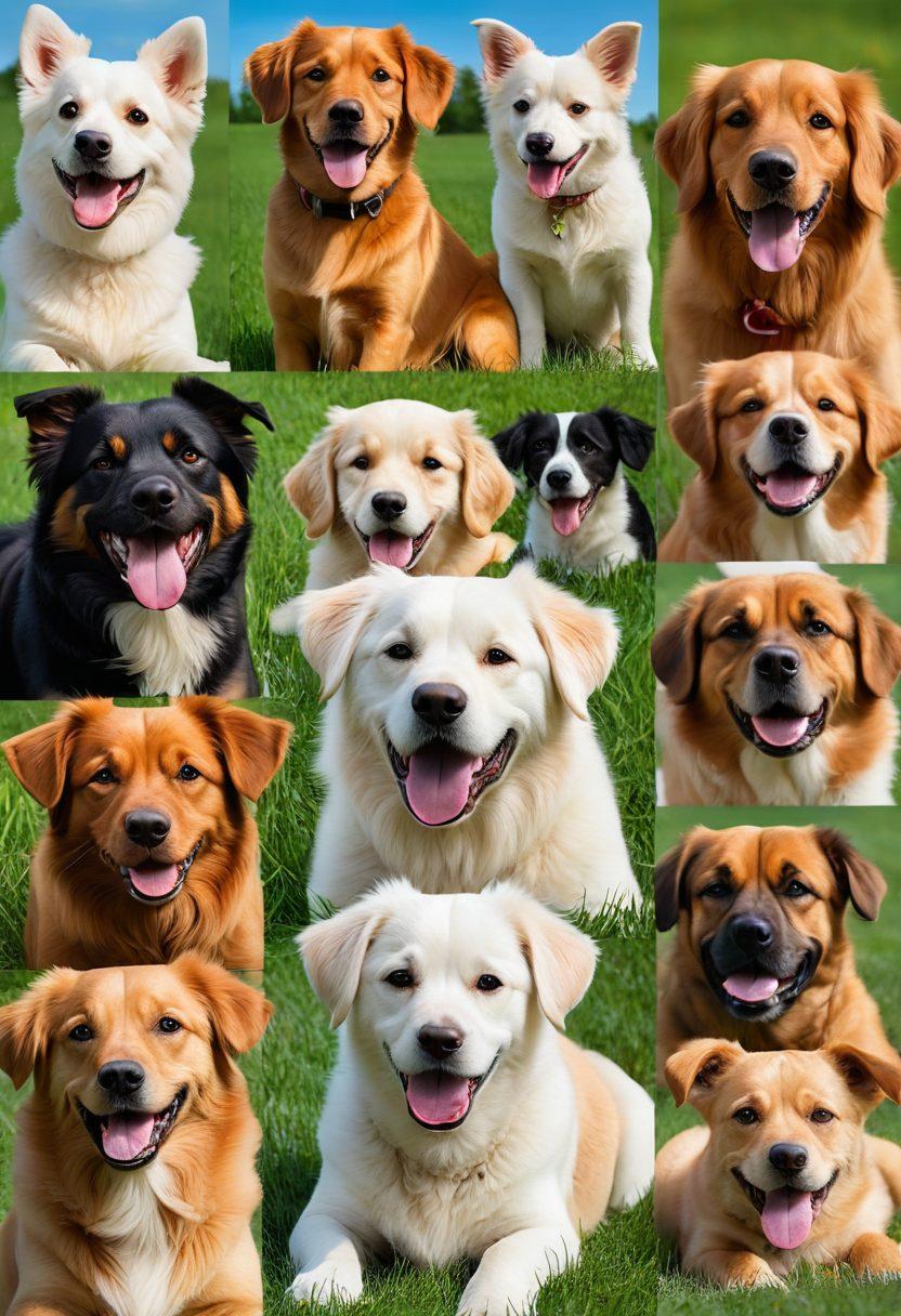 An endearing collage of dogs in various playful poses and settings, some frolicking in grassy parks while others snuggle cozily indoors. Each dog should display unique expressions of joy and curiosity, reflecting their lovable personalities. The backdrop should be vibrant with popping colors that enhance the dogs' cuteness without overshadowing them. Include a mix of breeds to showcase diversity in size, fur, and features. super-realistic. vibrant colors.